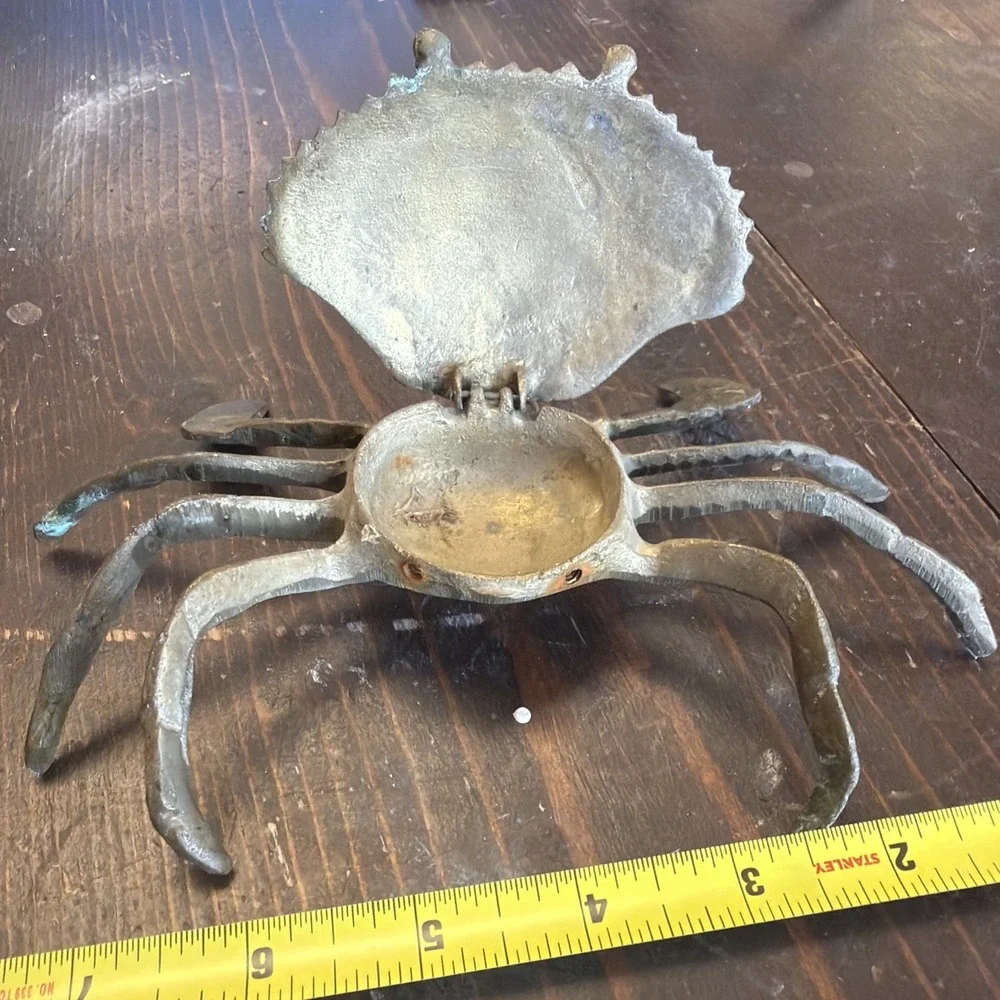 Vintage Mid Century Brass Crab Ashtray/Jewelry keeper Hinged Hide Trinket Box